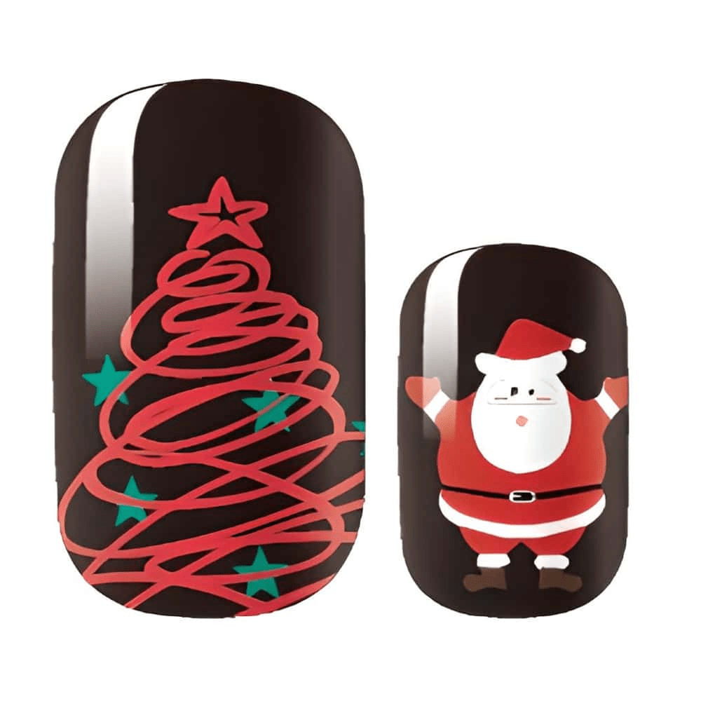 Christmas nail wraps with red spiral tree and Santa Claus designs on black background