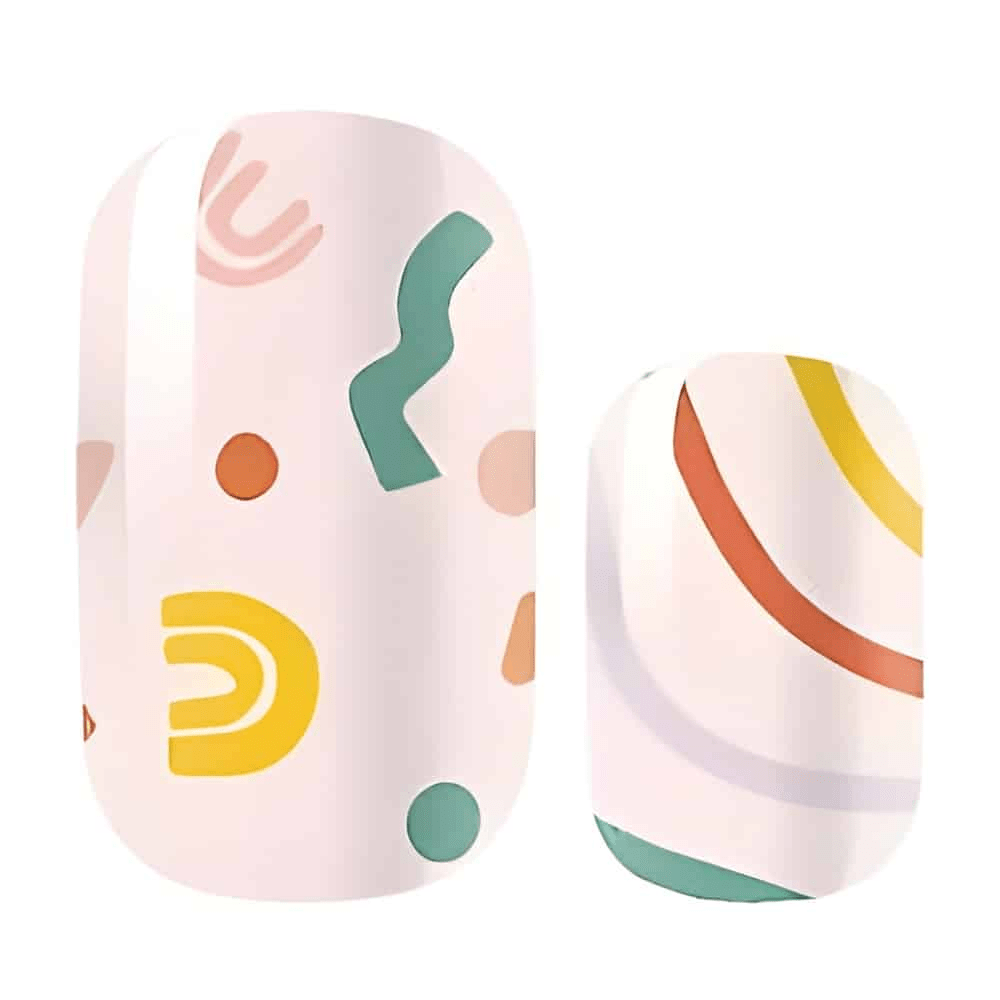 Holy Classics nail wraps, cream base with abstract pink, teal, yellow shapes and rainbow stripe