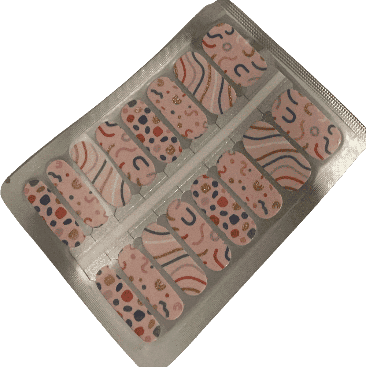 Retro Memphis pattern nail wraps in pink blue with geometric abstract designs