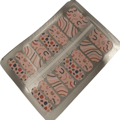 Retro Memphis pattern nail wraps in pink blue with geometric abstract designs
