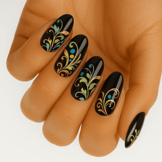 Glossy black nail wraps with teal, gold and green scrollwork floral design