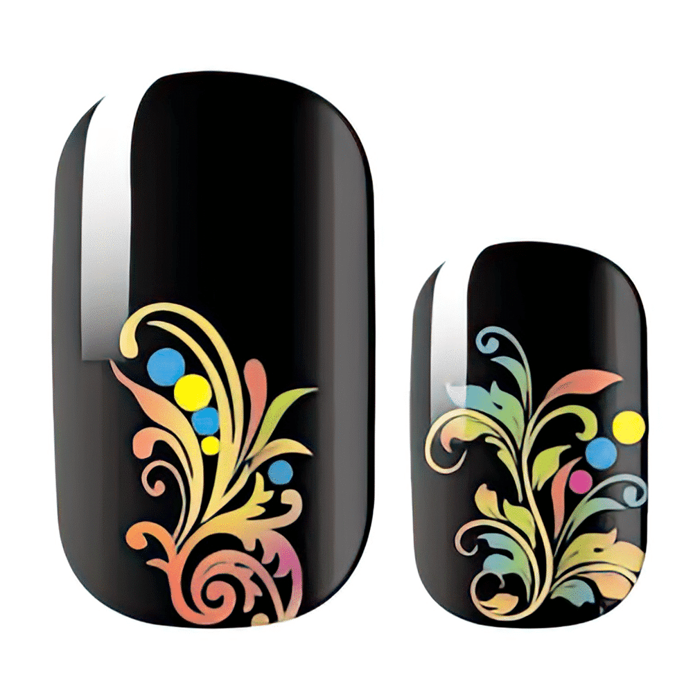 Black nail wraps with colourful baroque scrollwork design in ornate floral patterns