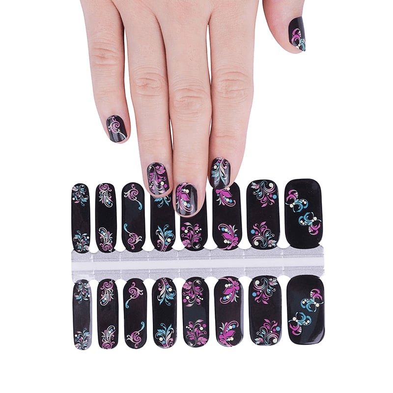 Non-UV nail wraps sheet showing black gothic design with pink floral baroque patterns