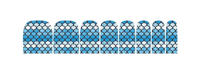 Blue geometric mermaid scale nail wraps sheet showing pedicure wrap pattern for DIY toe nail art