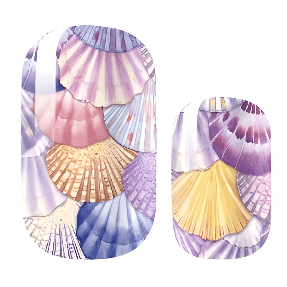 Watercolour seashell pattern nail wraps with pastel purple pink yellow shells design