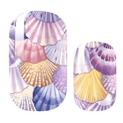 Watercolour seashell pattern nail wraps with pastel purple pink yellow shells design