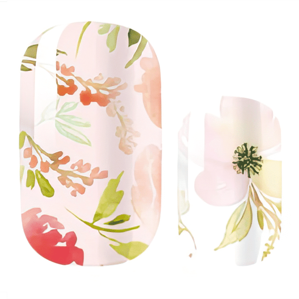 Pink nail wraps with watercolour floral print in coral, red and green botanical tones.