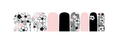 Pink and black floral nail wraps with grey accents and line-art blossom design
