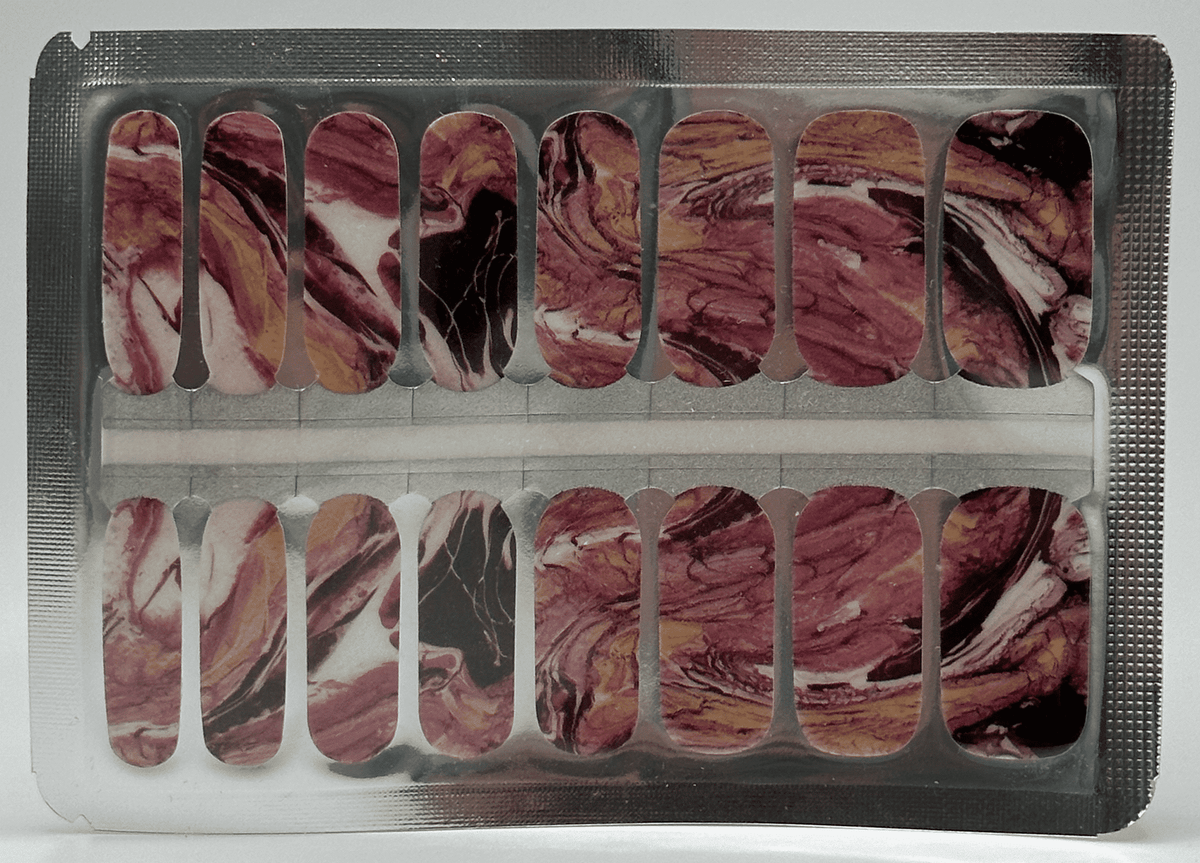 Burgundy marble nail wraps with gold metallic veining and abstract stone pattern