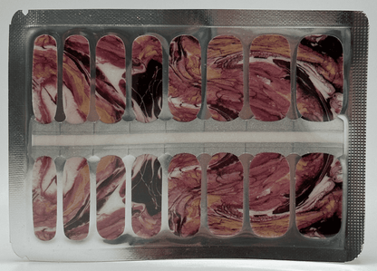 Burgundy marble nail wraps with gold metallic veining and abstract stone pattern