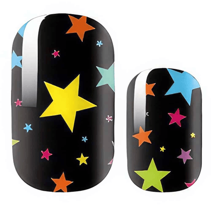 Non-UV nail wraps featuring bright multicoloured stars on black background for at-home manicure