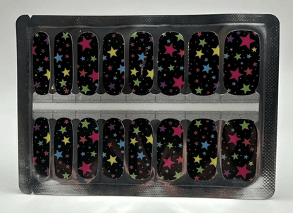 Black nail wraps with multicoloured star pattern in rainbow colours for at-home manicure