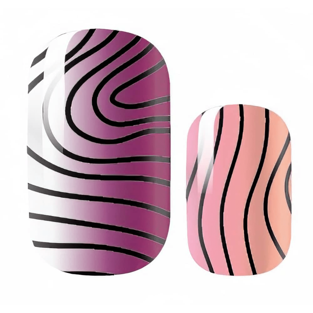 Non-UV nail wraps with pink purple gradient and black wavy stripes pattern