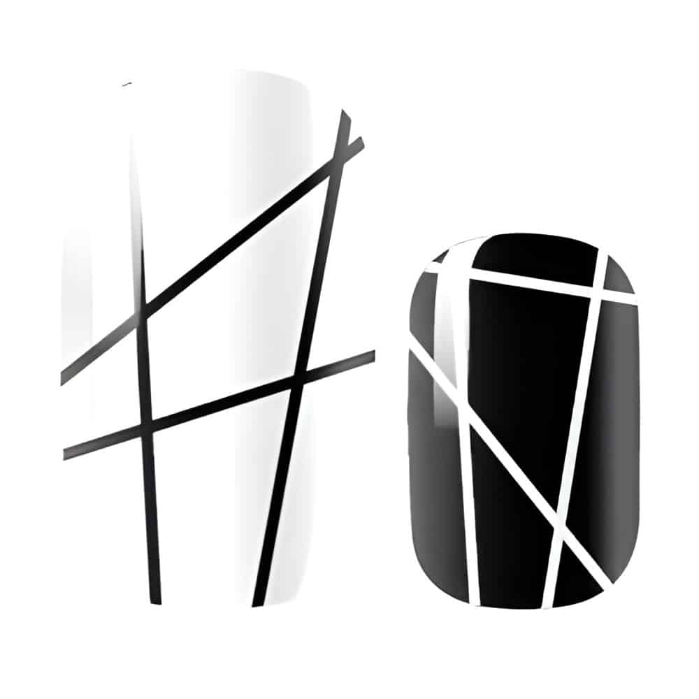 Monochrome nail wraps featuring bold black and white geometric crosshatch line patterns for statement nails
