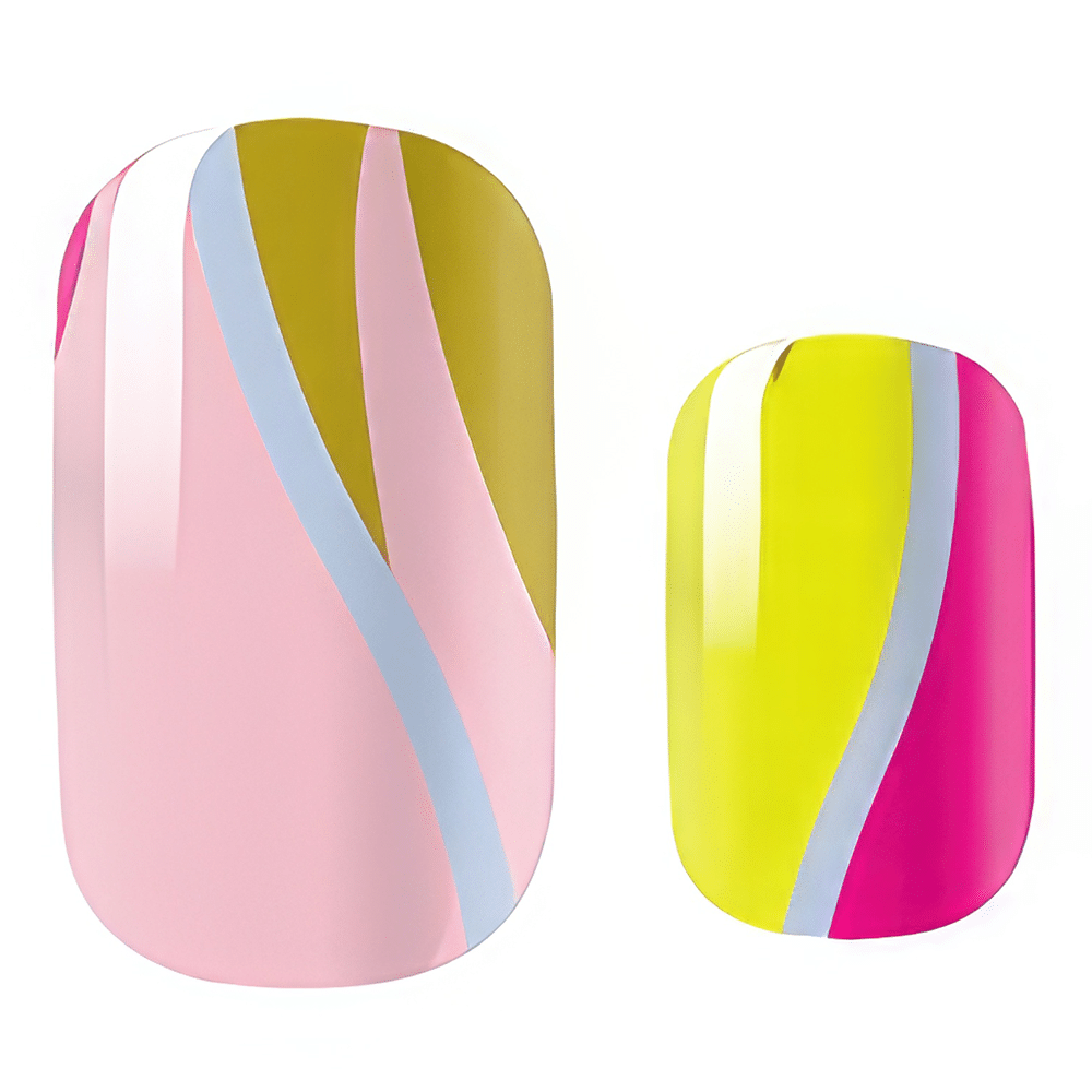 Close-up view of striped nail art design in vibrant pink yellow colour scheme