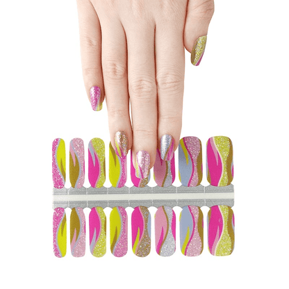 Hands displaying vibrant non-UV nail wraps with pink yellow glitter stripe patterns