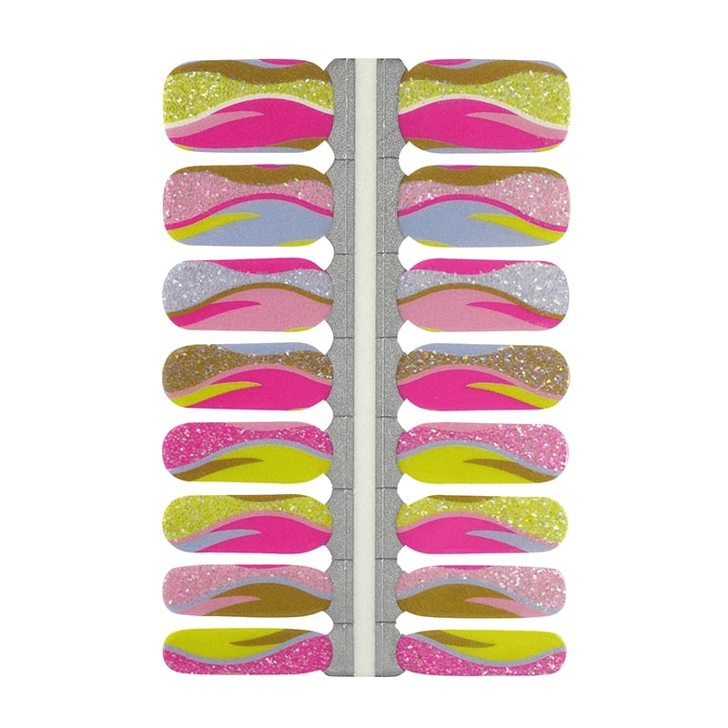 Complete sheet of non-UV nail wraps featuring bold striped patterns in pink yellow
