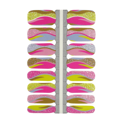 Complete sheet of non-UV nail wraps featuring bold striped patterns in pink yellow