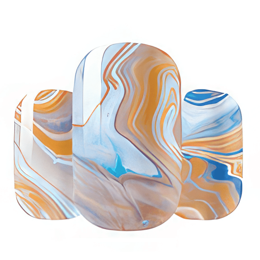 Nail wraps with blue, orange and white swirled marble agate pattern, glossy finish