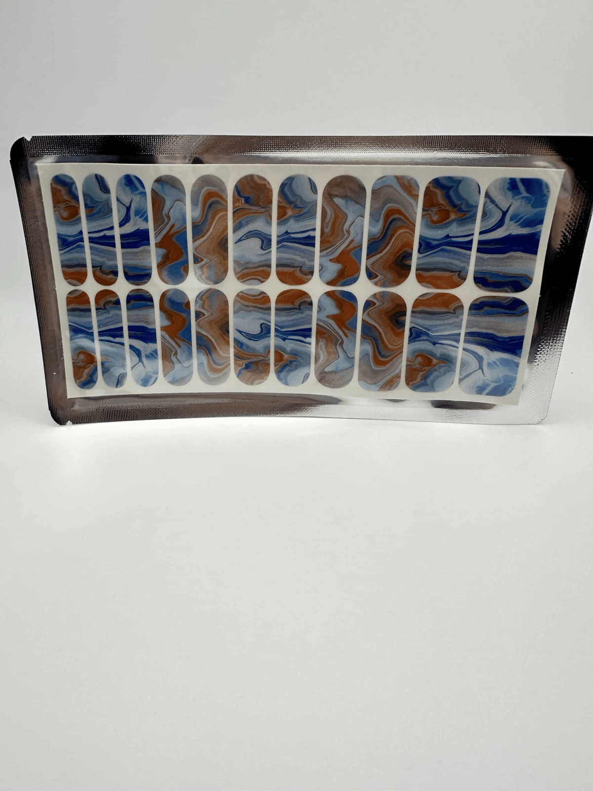 Wide fit nail wraps sheet with 22 blue terracotta marble swirl designs