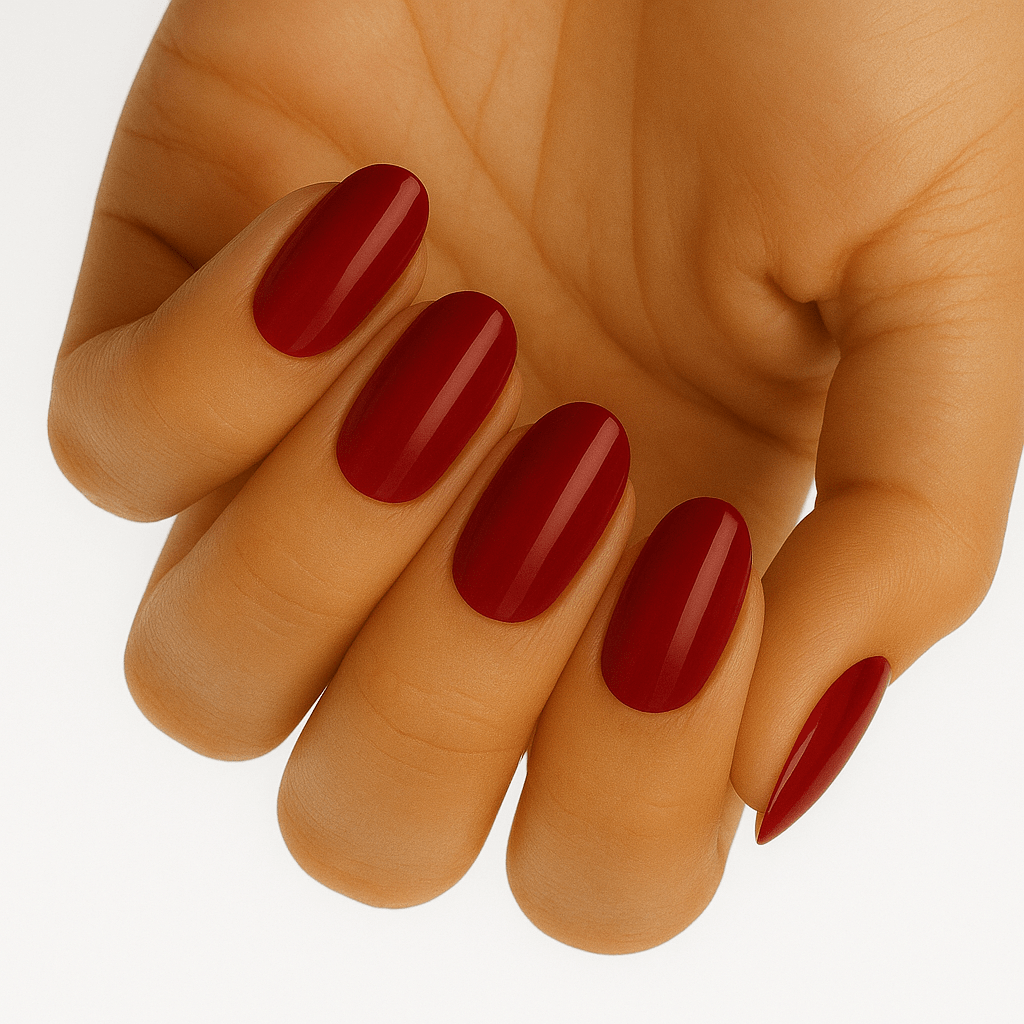 Deep burgundy red nail wraps, glossy finish, on almond-shaped nails, wide fit