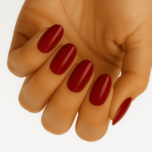 Deep burgundy red nail wraps, glossy finish, on almond-shaped nails, wide fit