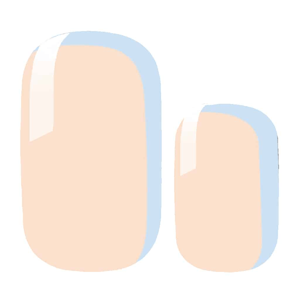 Soft nude pink glossy nail wraps with powder blue French tips