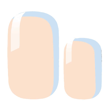 Soft nude pink glossy nail wraps with powder blue French tips