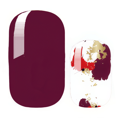 Burgundy wine and gold abstract paint splash non-UV nail wraps for artistic autumn manicure