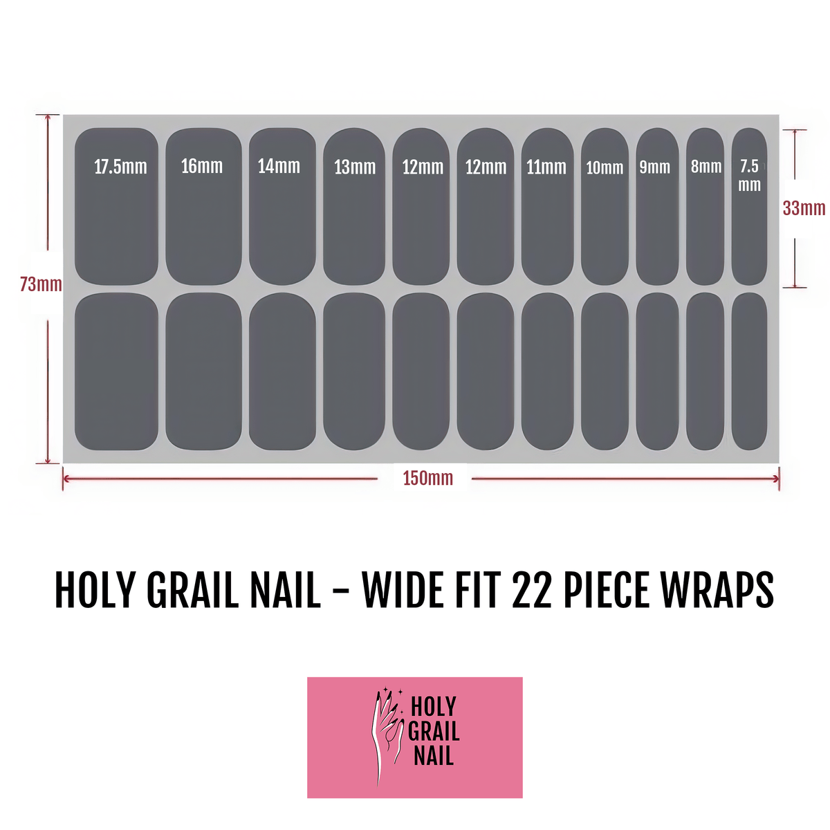 Grey nail wrap sizing chart showing 22 piece wide fit dimensions for at-home manicure
