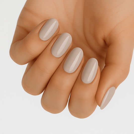 Skinny Latte nail wraps: warm taupe-beige, glossy finish, medium round almond shape.