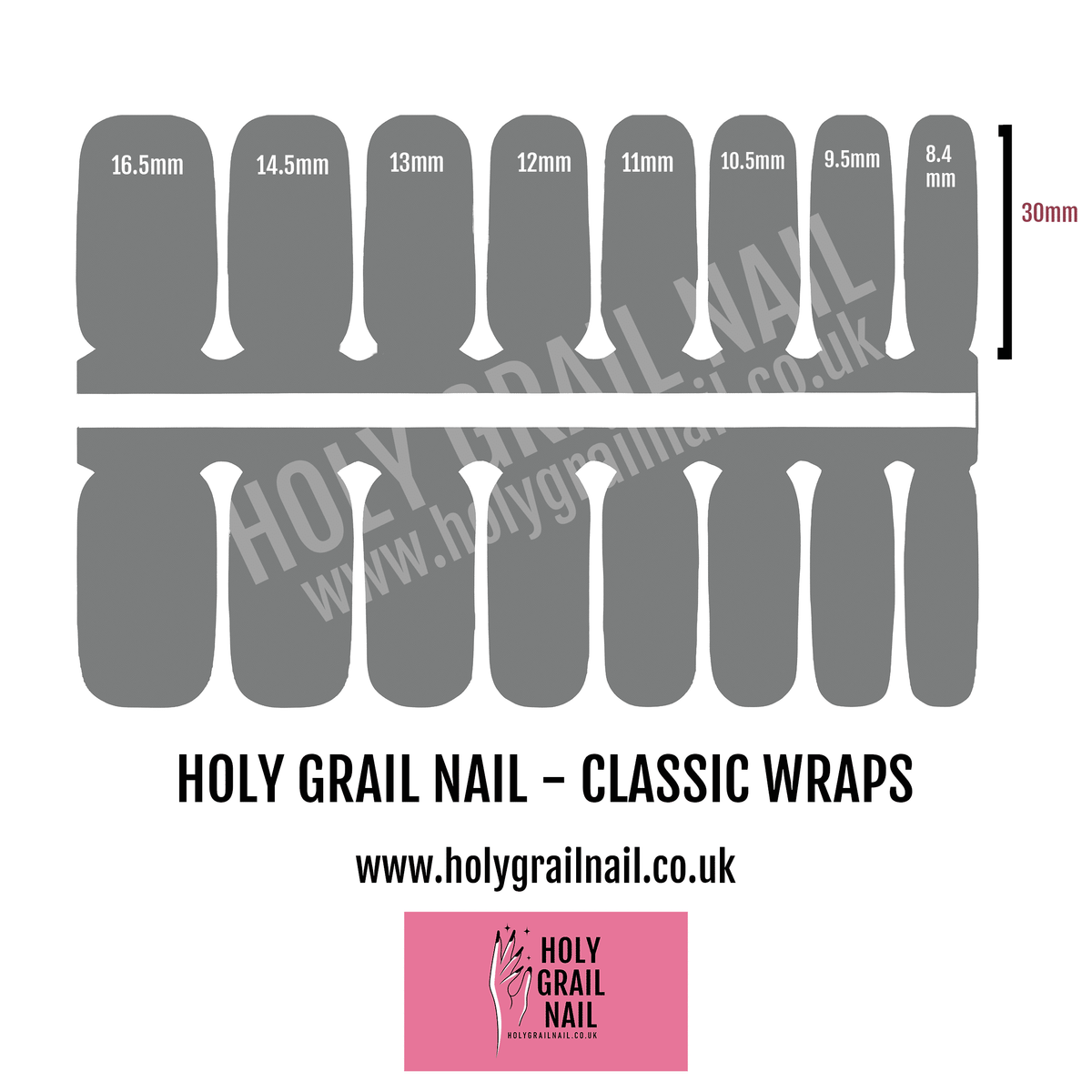 Nail wrap sizing chart showing different widths for perfect fit classic manicure application