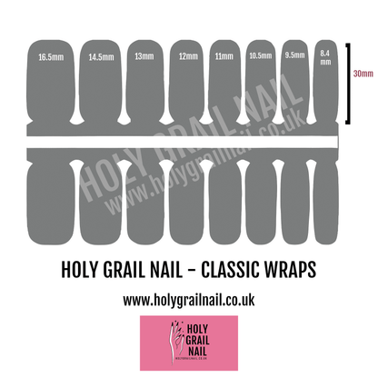 Nail wrap sizing chart showing different widths for perfect fit classic manicure application