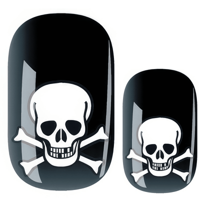 Black nail wraps with white skull and crossbones design for gothic Halloween manicure