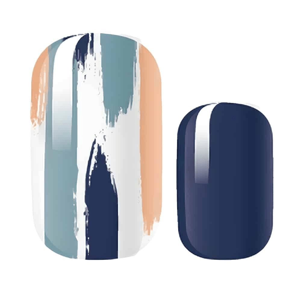 Abstract geometric nail wraps featuring navy blue and orange brush stroke designs