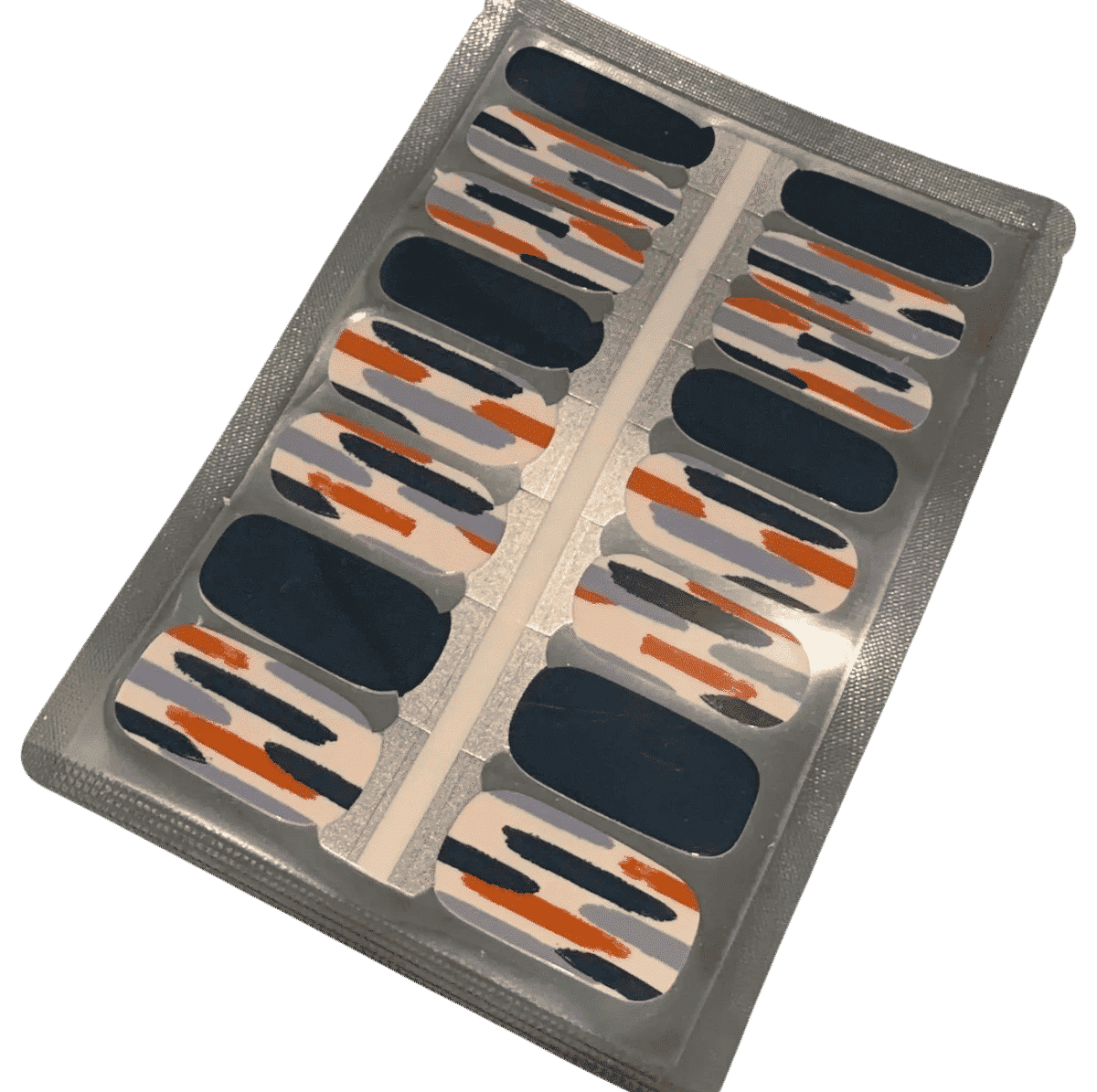 Navy blue and orange striped geometric nail wraps sheet with mixed pattern designs