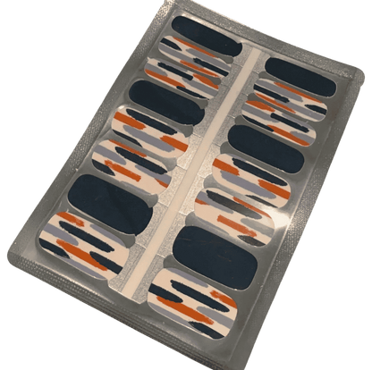 Navy blue and orange striped geometric nail wraps sheet with mixed pattern designs
