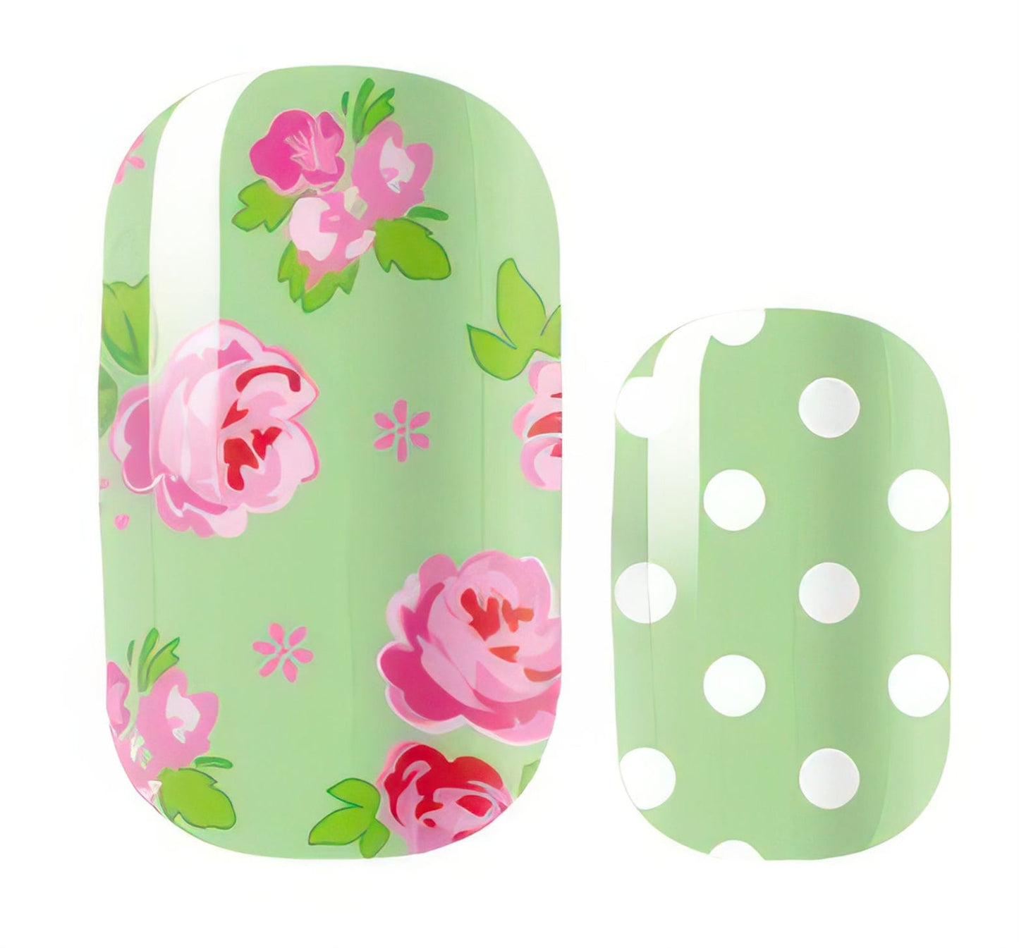 Green floral and polka dot non-UV nail wraps with pink rose design