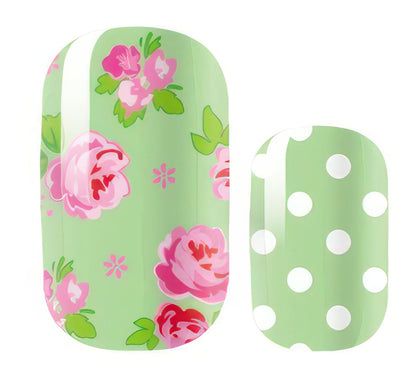 Green floral and polka dot non-UV nail wraps with pink rose design