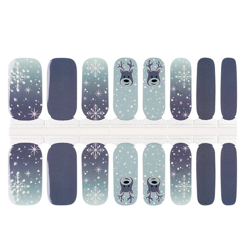 Non-UV nail wraps sheet showing blue grey gradient snowflake and reindeer Christmas nail art designs
