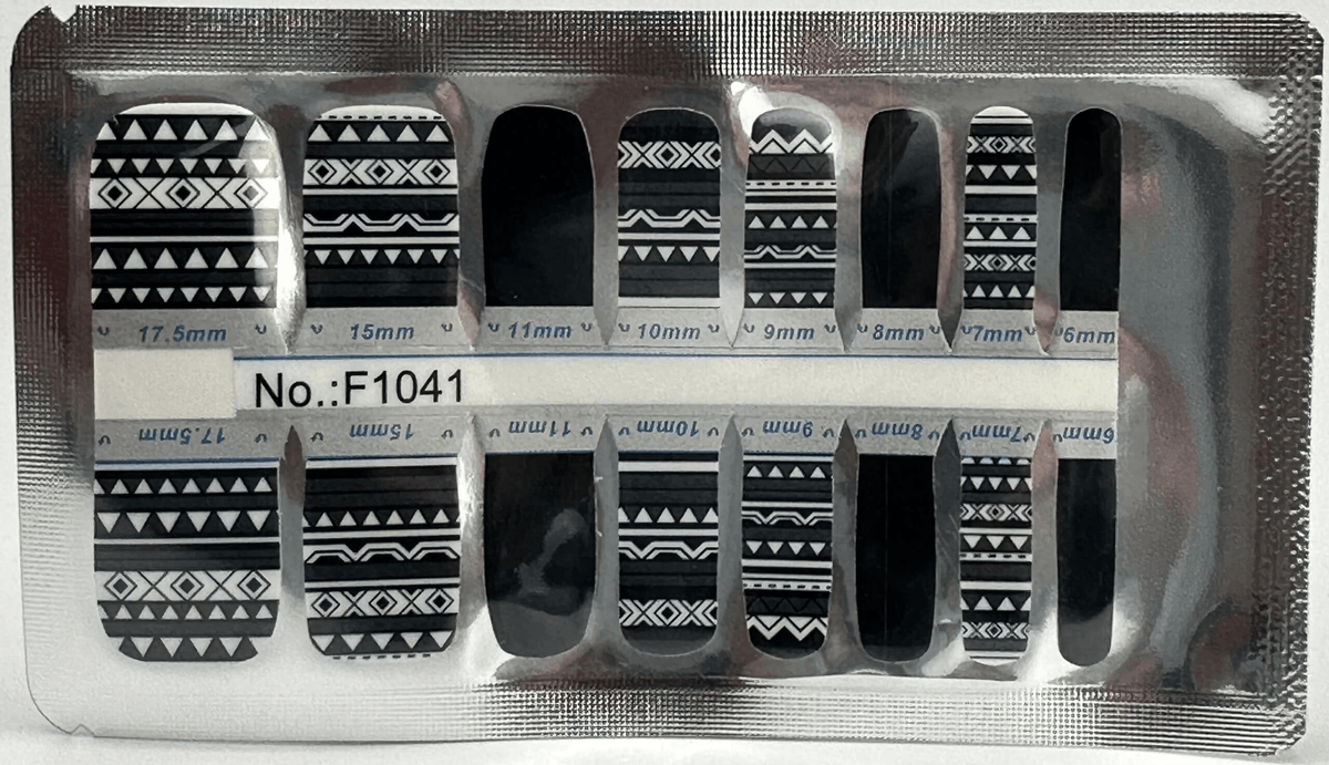 Monochrome geometric pedicure wraps sheet showing tribal patterns and solid black designs