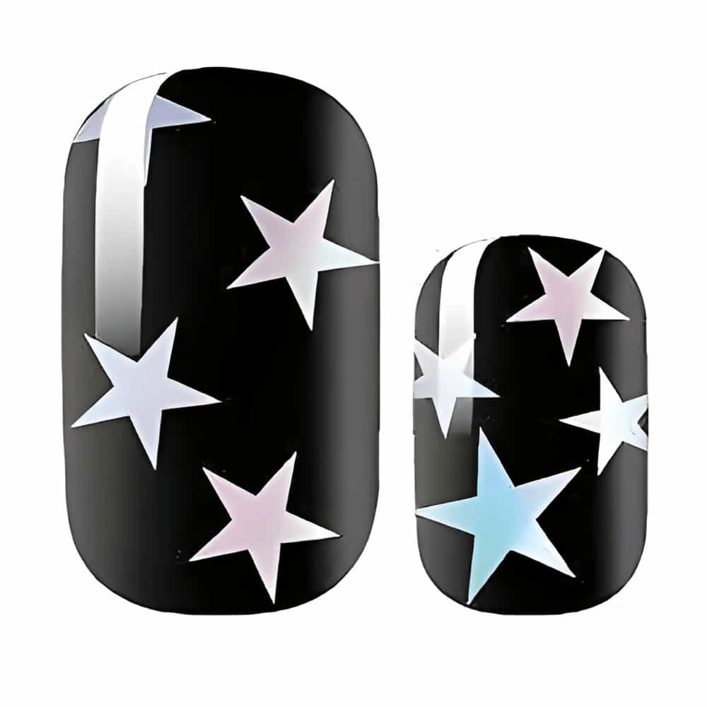 Black nail wraps featuring holographic pastel stars in celestial pattern design for at-home manicure