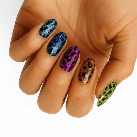 Holy Classics nail wraps, multicoloured glittery leopard print in blue, pink, orange and green