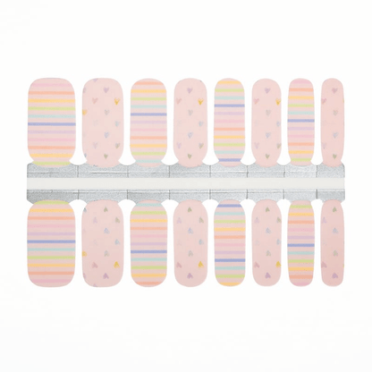 Pink rainbow striped non-UV nail wraps sheet showing pastel colour patterns