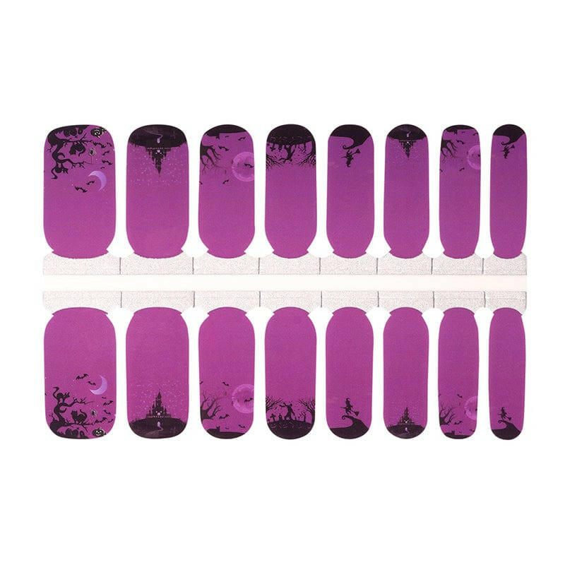 Purple gradient Halloween nail wraps with black spooky silhouettes gothic design classic manicure