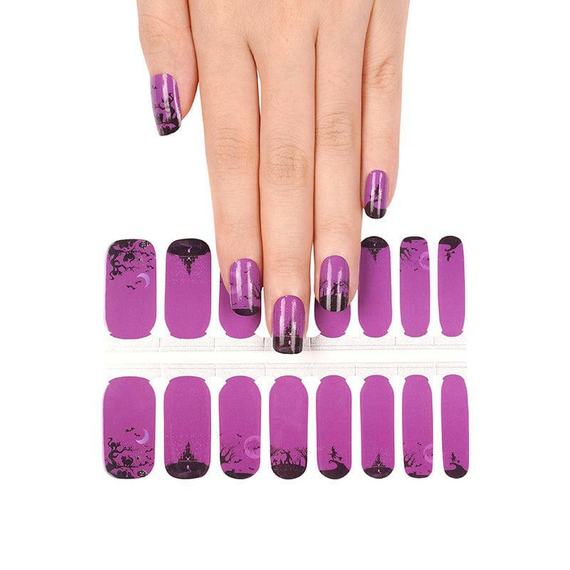 Purple Halloween nail wraps sheet with gothic silhouettes including witch, bats and spooky tree patterns