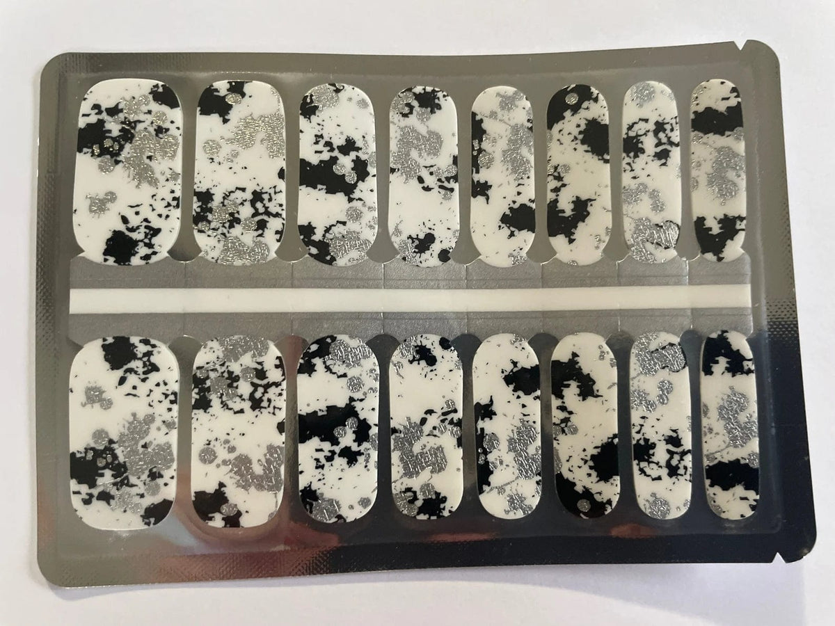 Monochrome spray paint nail wraps with black grey splatter effect on clear sheet