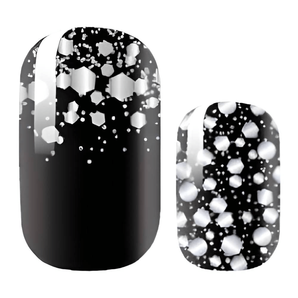 Black nail wraps with silver glitter confetti and hexagon sequin design