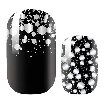 Black nail wraps with silver glitter confetti and hexagon sequin design