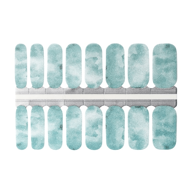 Seafoam blue marble nail wraps with stone texture pattern for at-home manicure